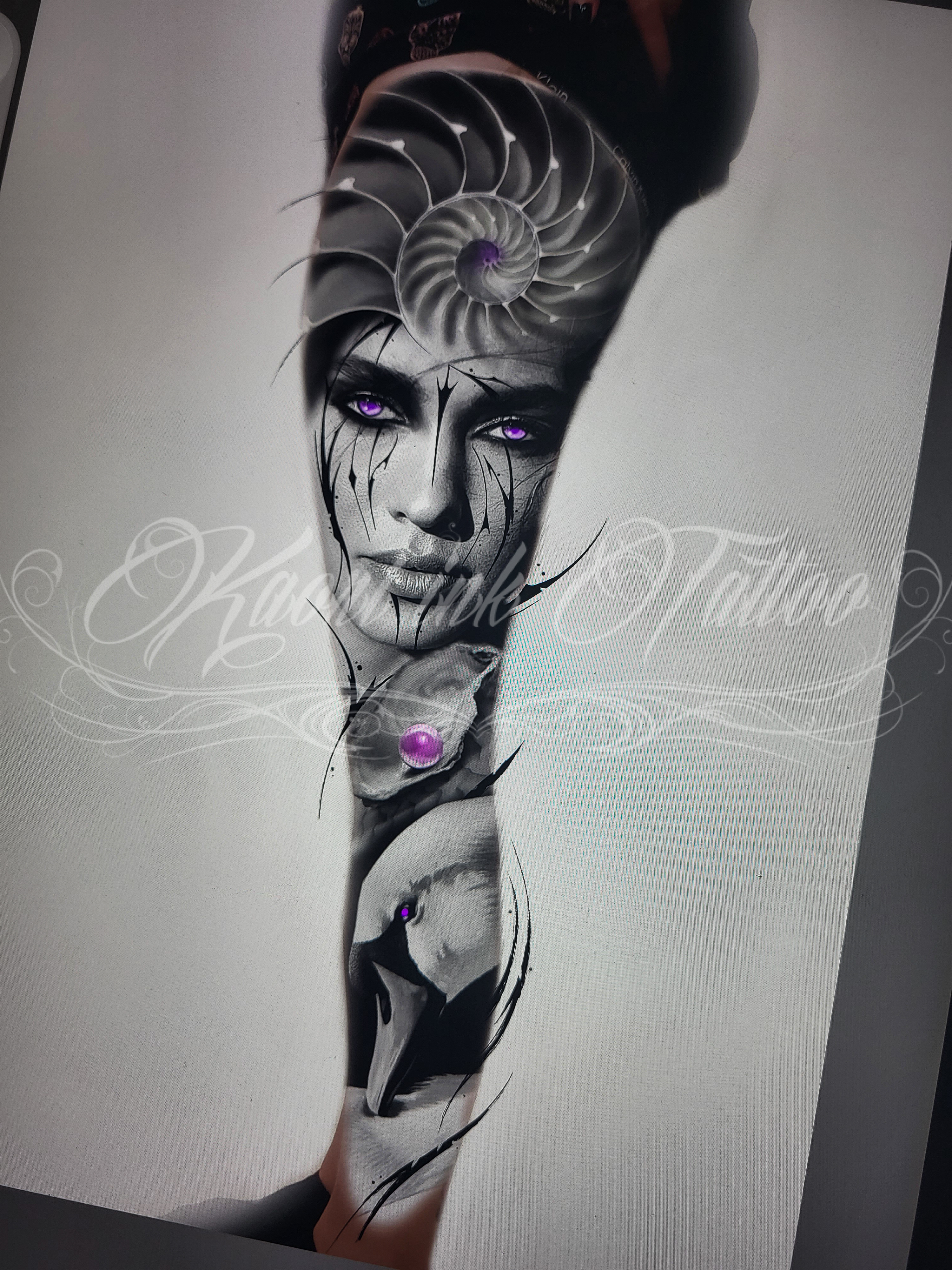 tattoo tatouage aphrodite cuisse mollet